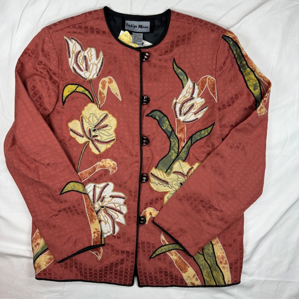 Indigo Moon Womens XS Terracotta Floral Applique Button Front Jacket A05611